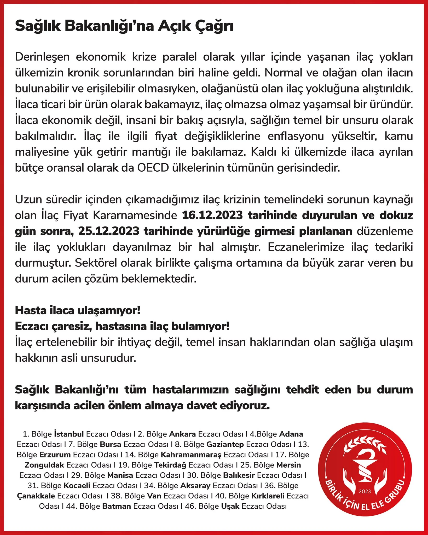 Eczacı Odaları’ndan Sağlık Bakanlığı’na Açık Çağrı!